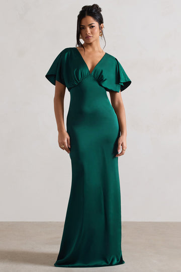 Marisa Dark Green Satin V-Neck Flutter-Sleeve Maxi Dress